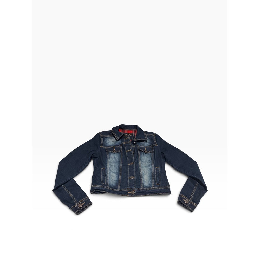 Rue21 Womens Dark Wash Denim Jacket Plaid Lined Trucker Blue Medium
